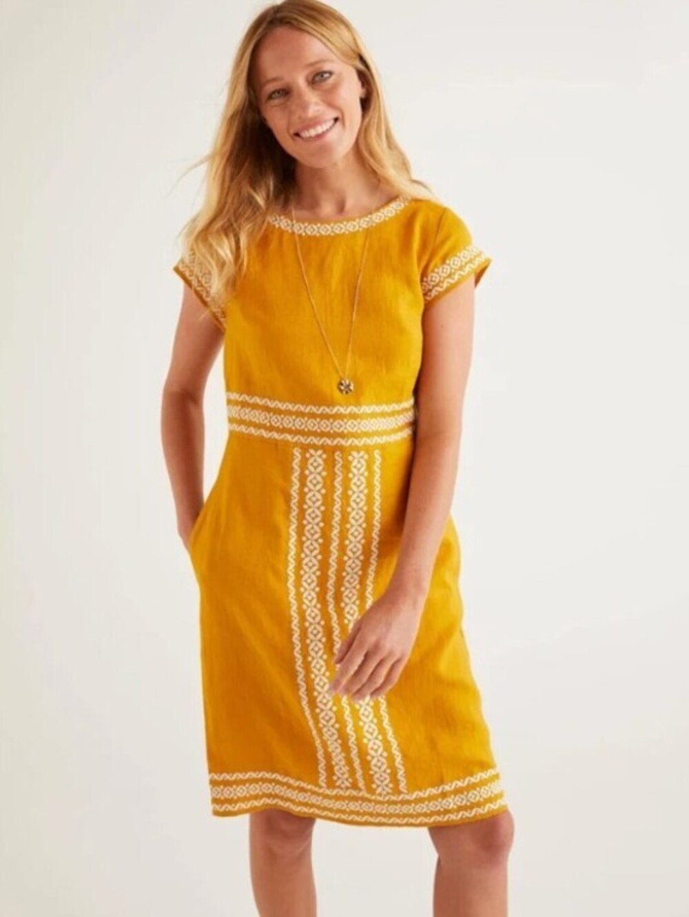 BODEN Yellow and White Laura Linen Embroidered Shift Dress - Size - 10 Petite